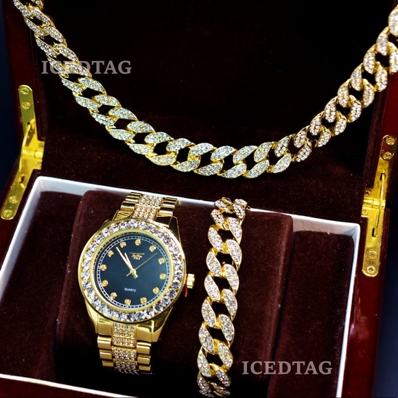 Full Iced Out Watch, 20” Necklace, Bracelet Set
